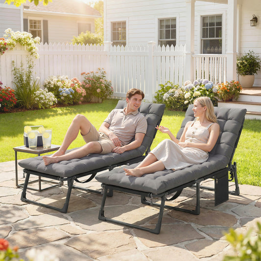 Outsunny Folding Sun Loungers for Garden Set of 2, 5-Position Oversized Camping Bed Recliner with Cushions, Dark Grey