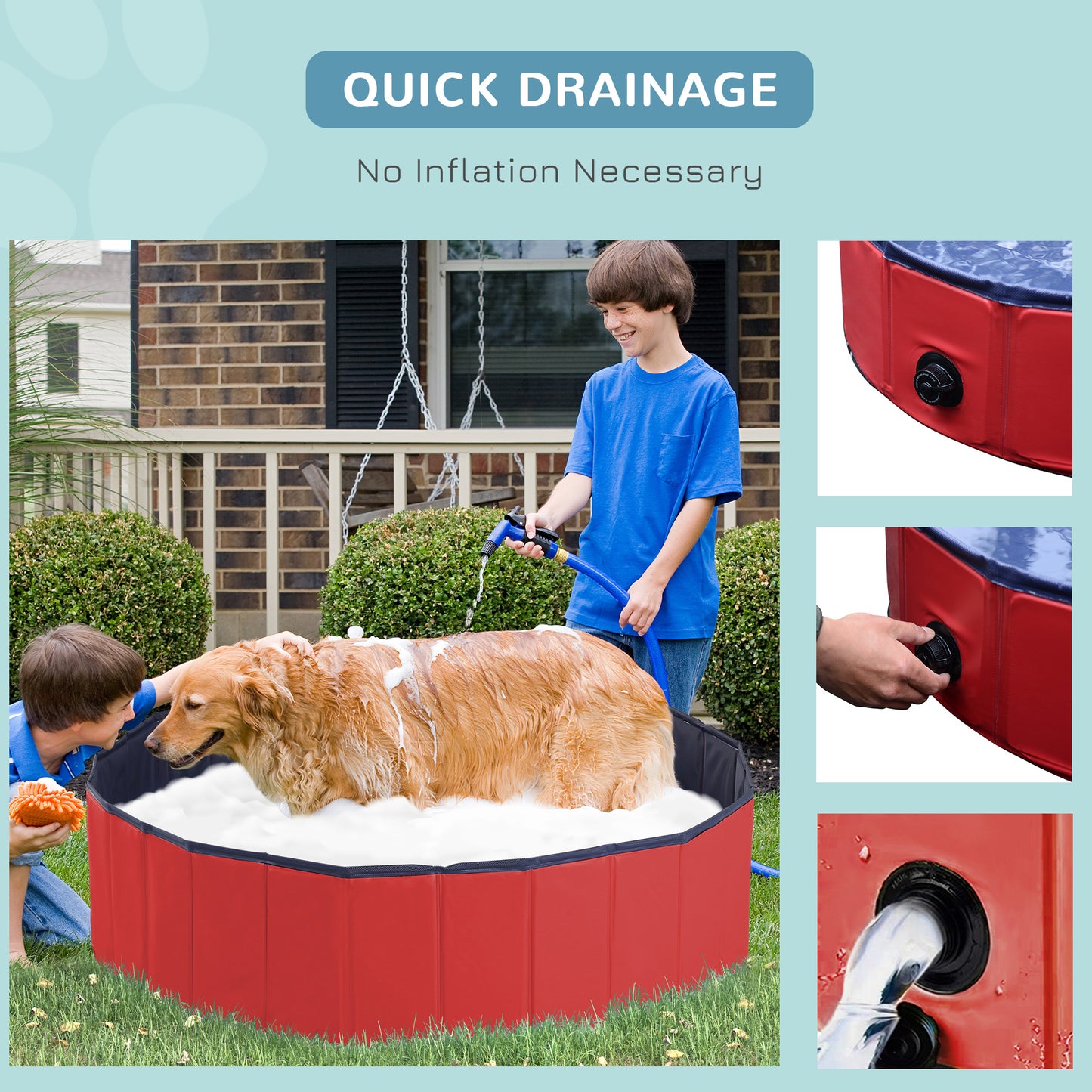 PawHut Dog Paddling Pool, Foldable Dog Pool, Leakproof & Hard Plastic, Portable Pet Bathtub with Non-Slip Base & Drainage Hole, for Indoors, Outdoors, Garden, Patio, 120 x 30 cm, Red