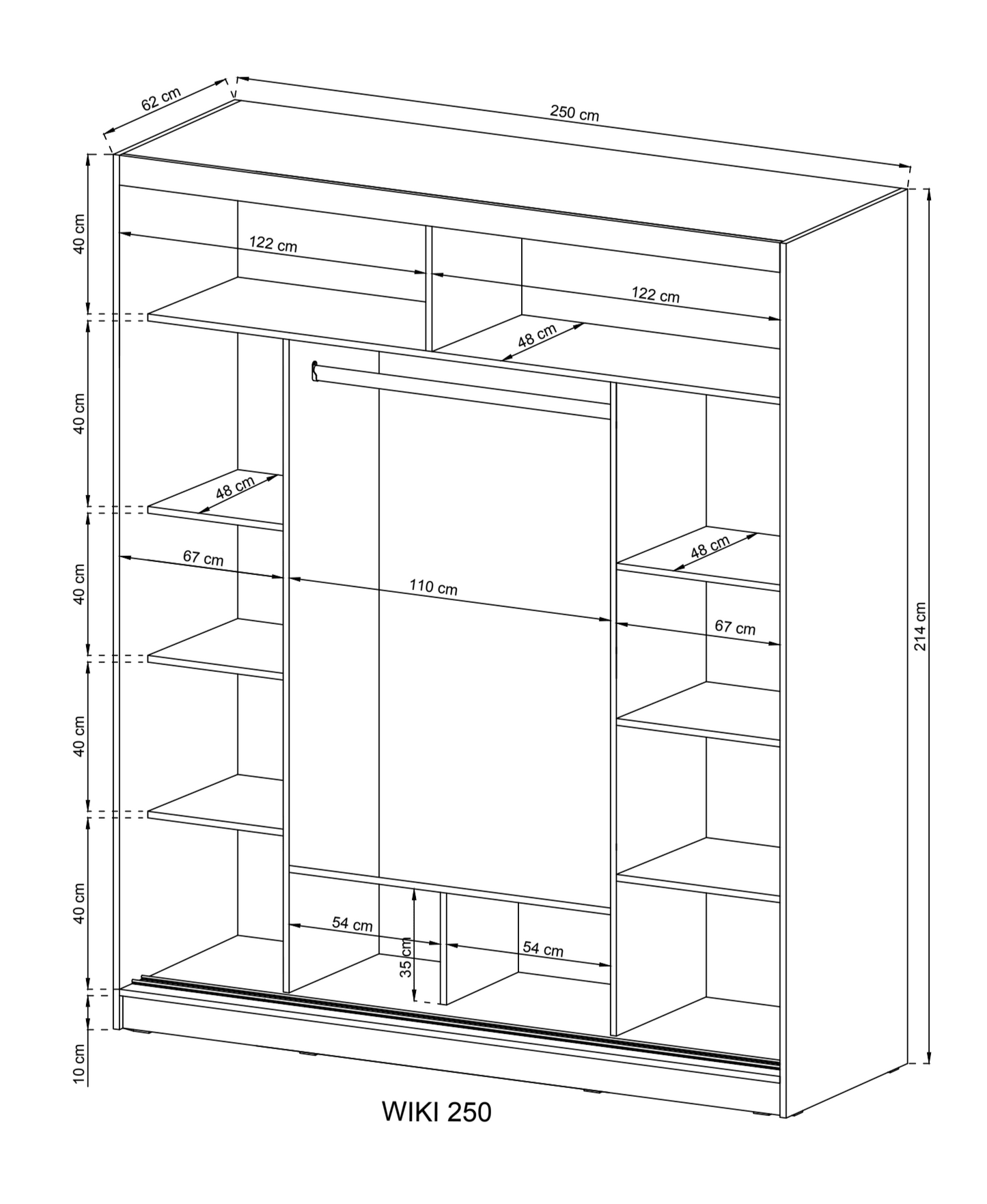 Measurement chart of a wardrobe with dimensions labeled