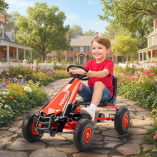 AIYAPLAY Kids Pedal Go Kart مع مقعد قابل للتعديل، عجلات EVA، قابض يدوي، فرامل، عربة سباق للأطفال 3-8 سنوات، أحمر
