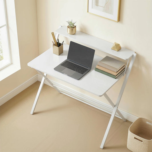 HOMCOM Compact Folding Desk for Small Spaces with Storage Shelf for Home Office, White