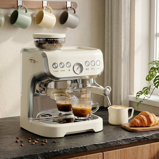 The espresso machine brewing coffee into glass cups on a kitchen counter with a croissant