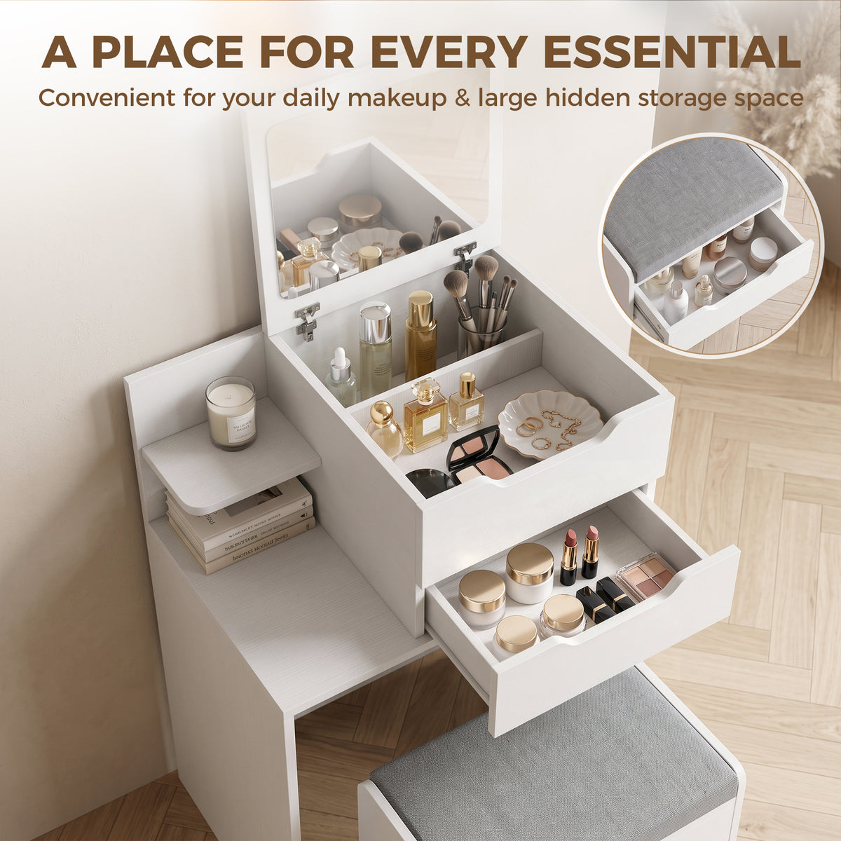 HOMCOM Vanity Desk Flip Top Hidden Mirror Vanity Rolling Stool Open Shelf White Wood Effect
