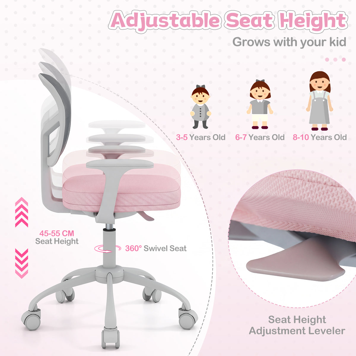 Kids Desk Chair with Adjustable Seat Height and Swivel Wheels for Ages 3+-Pink