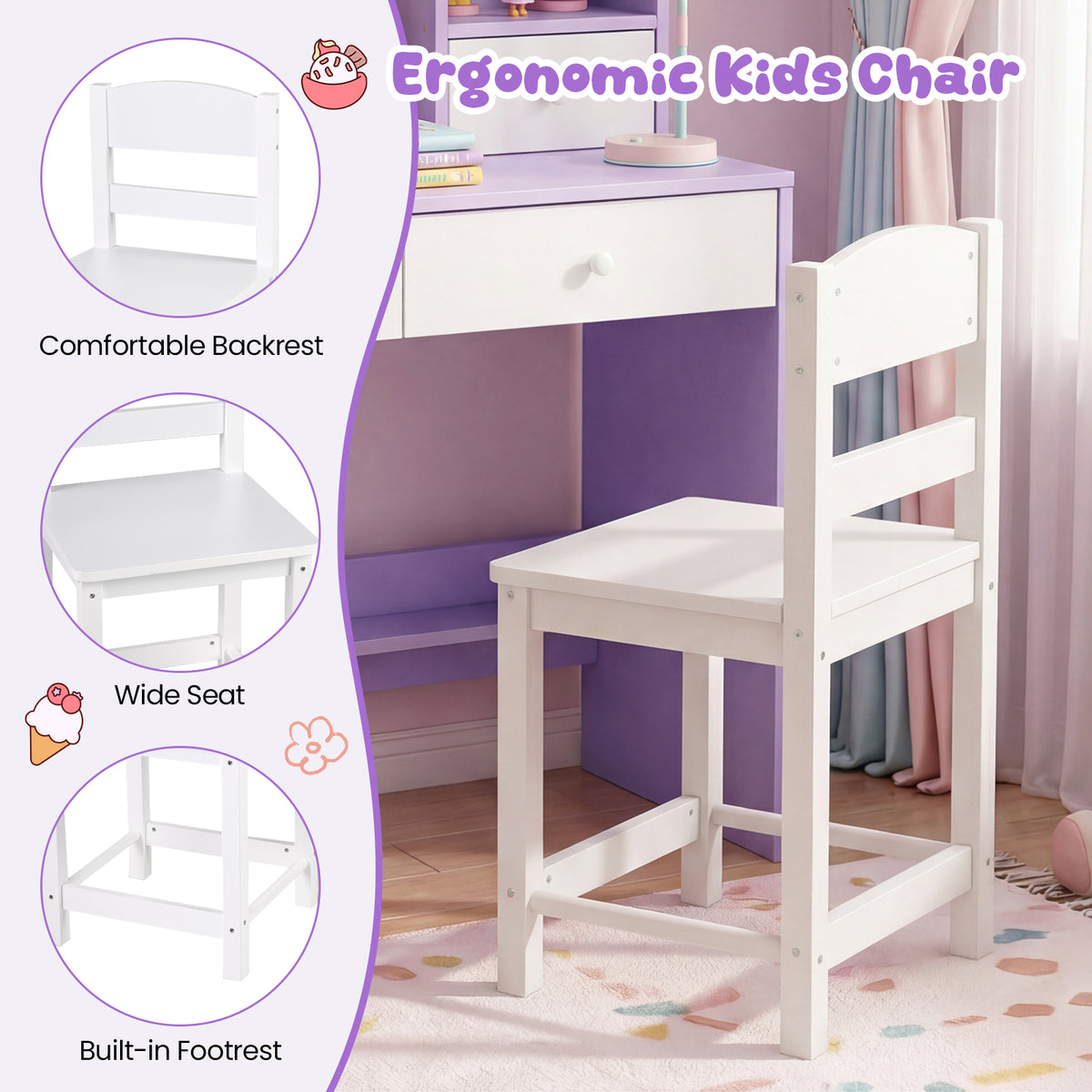 Kids Study Desk and Chair Set with Open Shelves and Cork Bulletin Board-Purple