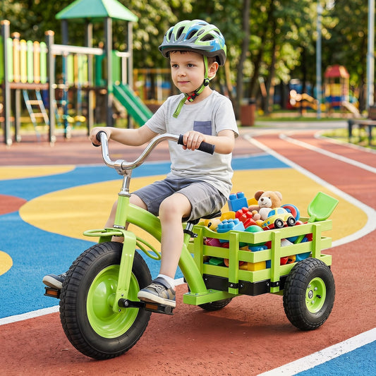 A young boy wearing a helmet riding the green ride on toy in a colourful outdoor playground