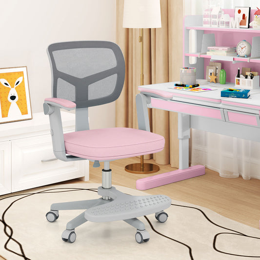The pink kids desk chair shown next to a white and pink desk in a child's room