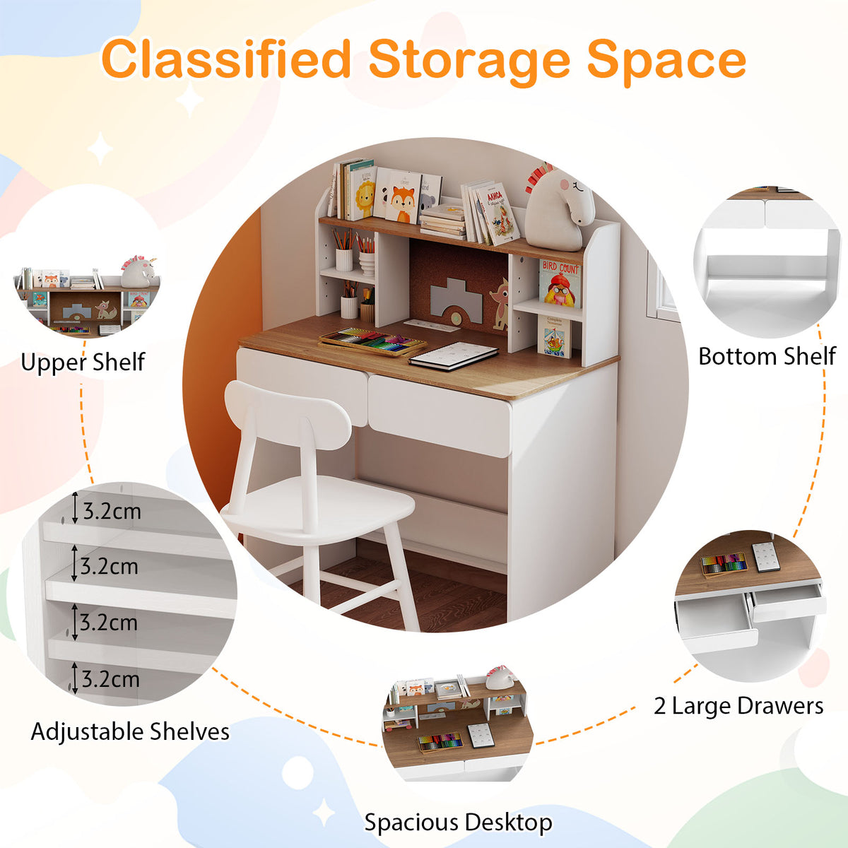 Kids Study Desk Student Writing Table with Cork Bulletin Board-White