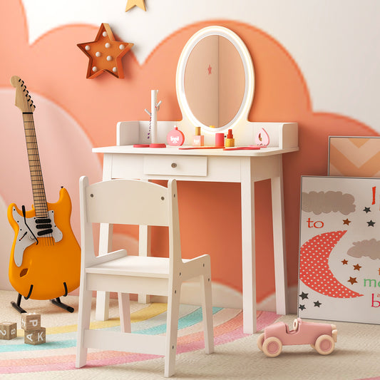 The white dressing table and chair are shown in a child's bedroom with toys and decorations