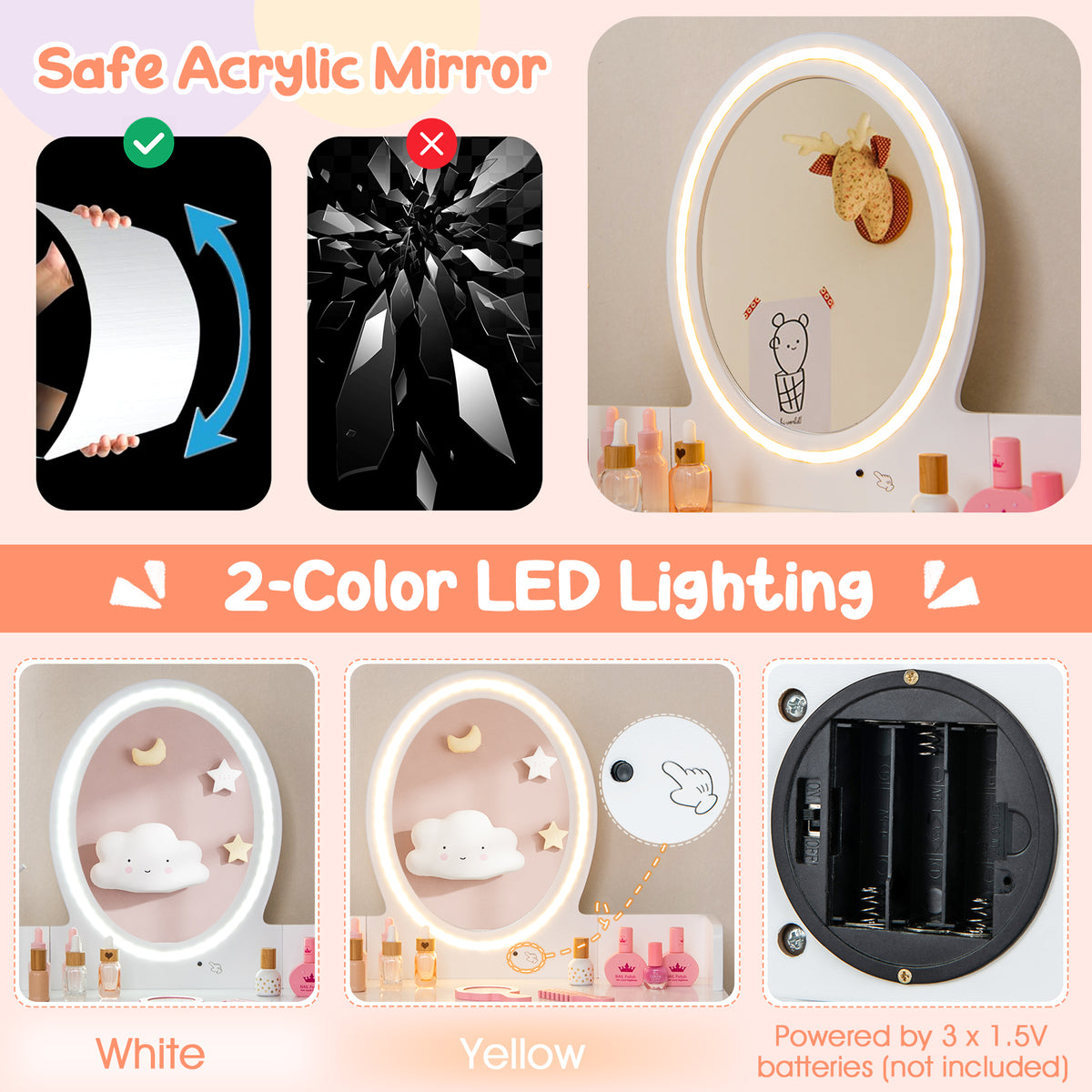 Kids Vanity Set Makeup Beauty Dressing Table and Chair with Lighted Mirror-White