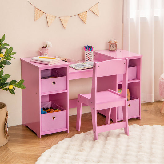 The pink children's dressing table and chair set in a room with toys
