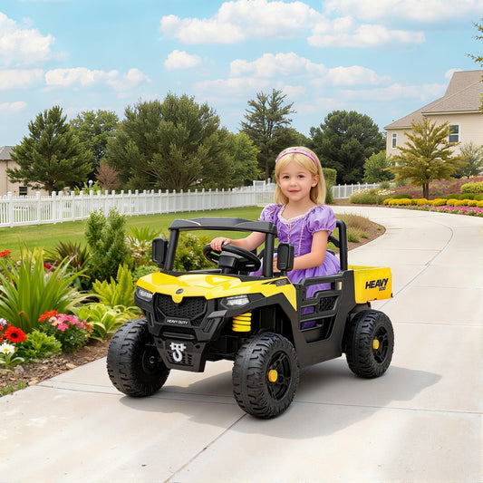 A young girl in a purple dress rides the yellow kids electric UTV on a paved driveway