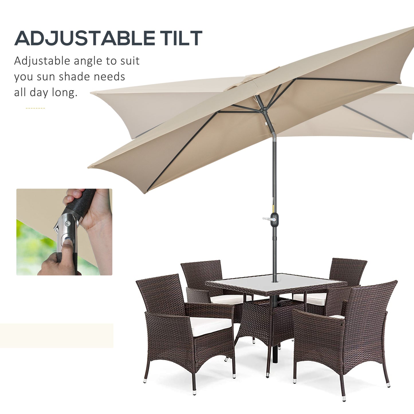 Outsunny 3x2m Patio Parasol Garden Umbrellas Canopy with Aluminium Tilt Crank Rectangular Sun Shade Steel, Khaki