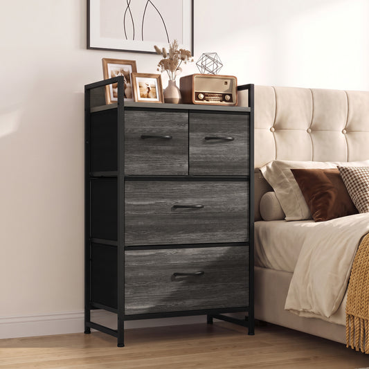 HOMCOM Rustic Chest of Four Fabric Drawers in Grey Wood Effect