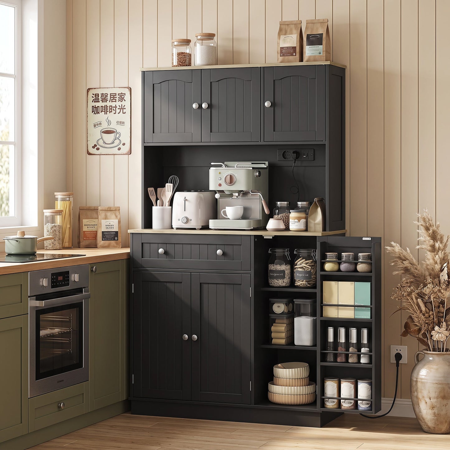 HOMCOM 173 cm Tall Kitchen Cupboard with Charging Station, Pantry Storage Cabinet with Adjustable Shelves and 4 Door Racks