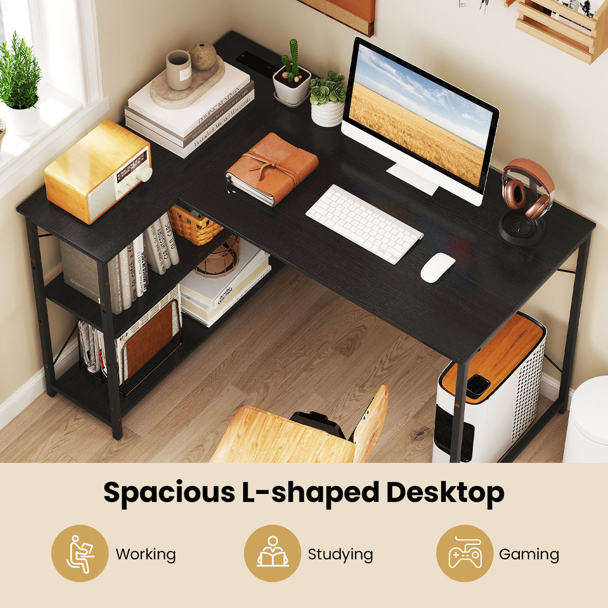 L-shaped Desk with Power Outlet with Reversible Adjustable Storage Shelves-Black