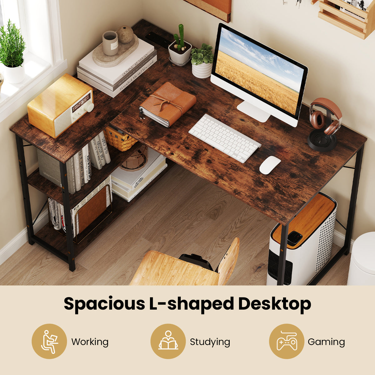 L-shaped Desk with Power Outlet with Reversible Adjustable Storage Shelves-Rustic Brown