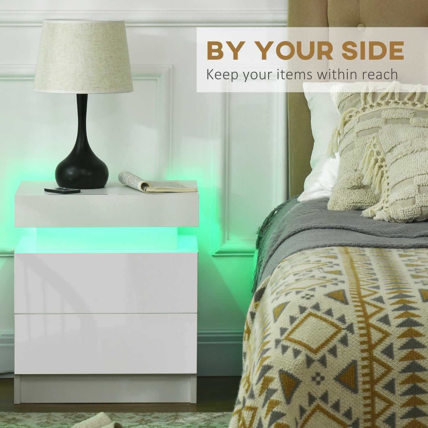 طاولة سرير جانبية بيضاء من HOMCOM مع إضاءة LED، طاولة سرير ليلية ذات واجهة لامعة عالية مع درجين، لغرفة المعيشة وغرفة النوم