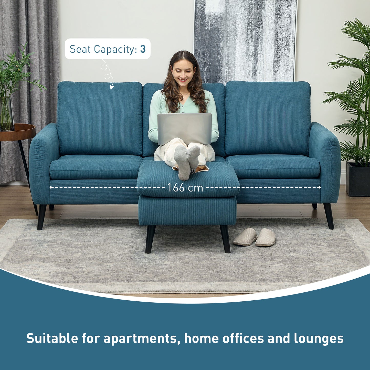 HOMCOM Fabric Sofa with Ottoman, Corduroy L-shaped Sofa Couch with Scatter Back, Reversible 3-Seater Chaise Lounge for Living Room, Home Office, Small Spaces, Blue