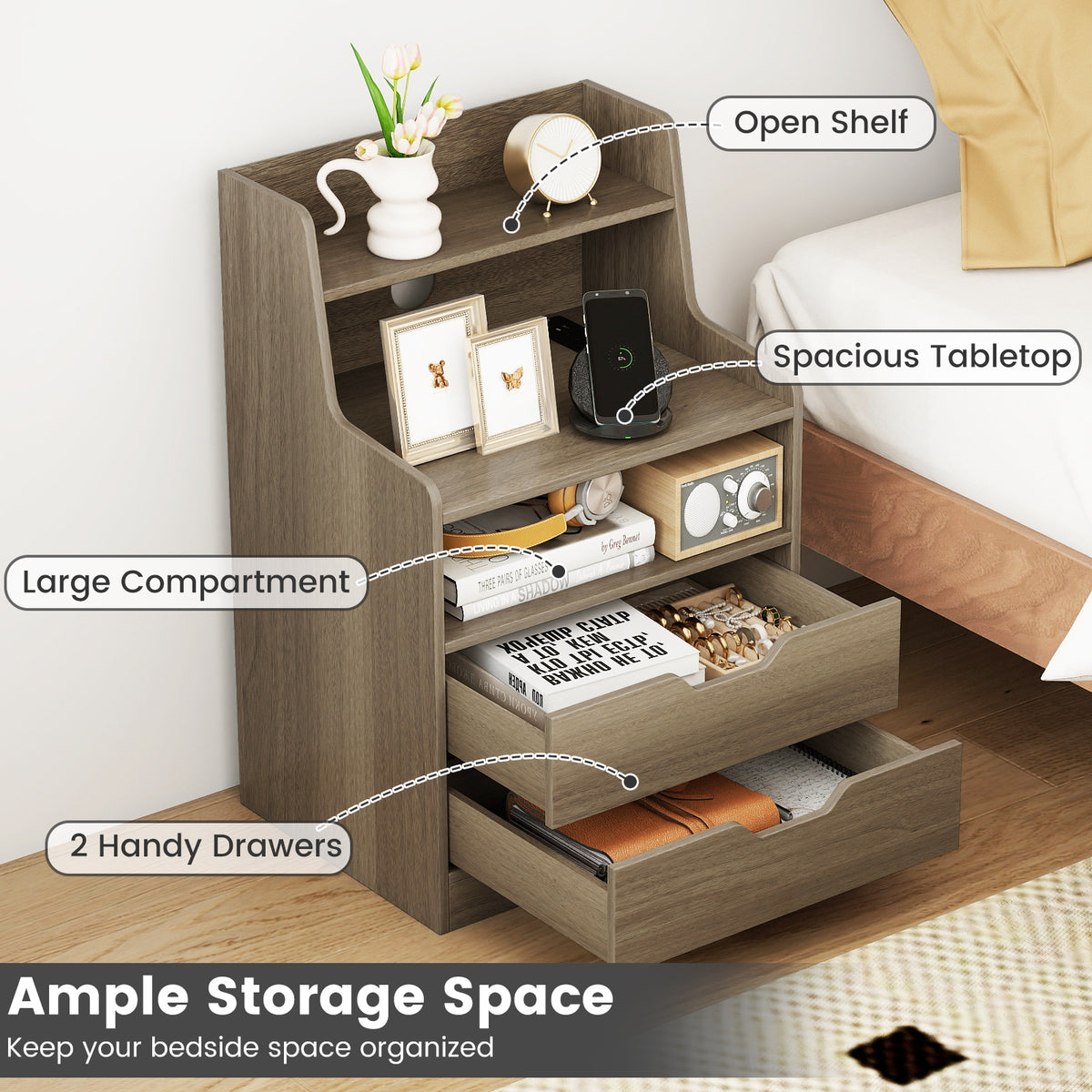 LED Nightstand with Charging Station 2-Drawer Bedside Table with Open Shelf Set of 2-Grey
