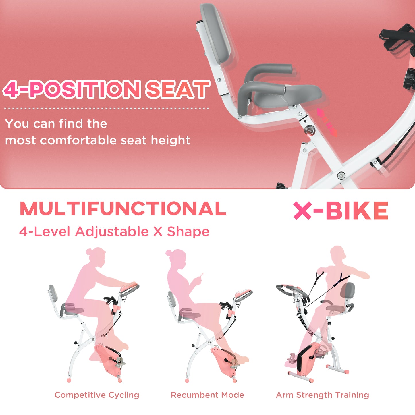 HOMCOM 2-in-1 Folding Exercise Bike with 8-Level Magnetic Resistance, Arm Resistance Band, Pulse Sensor, Pink