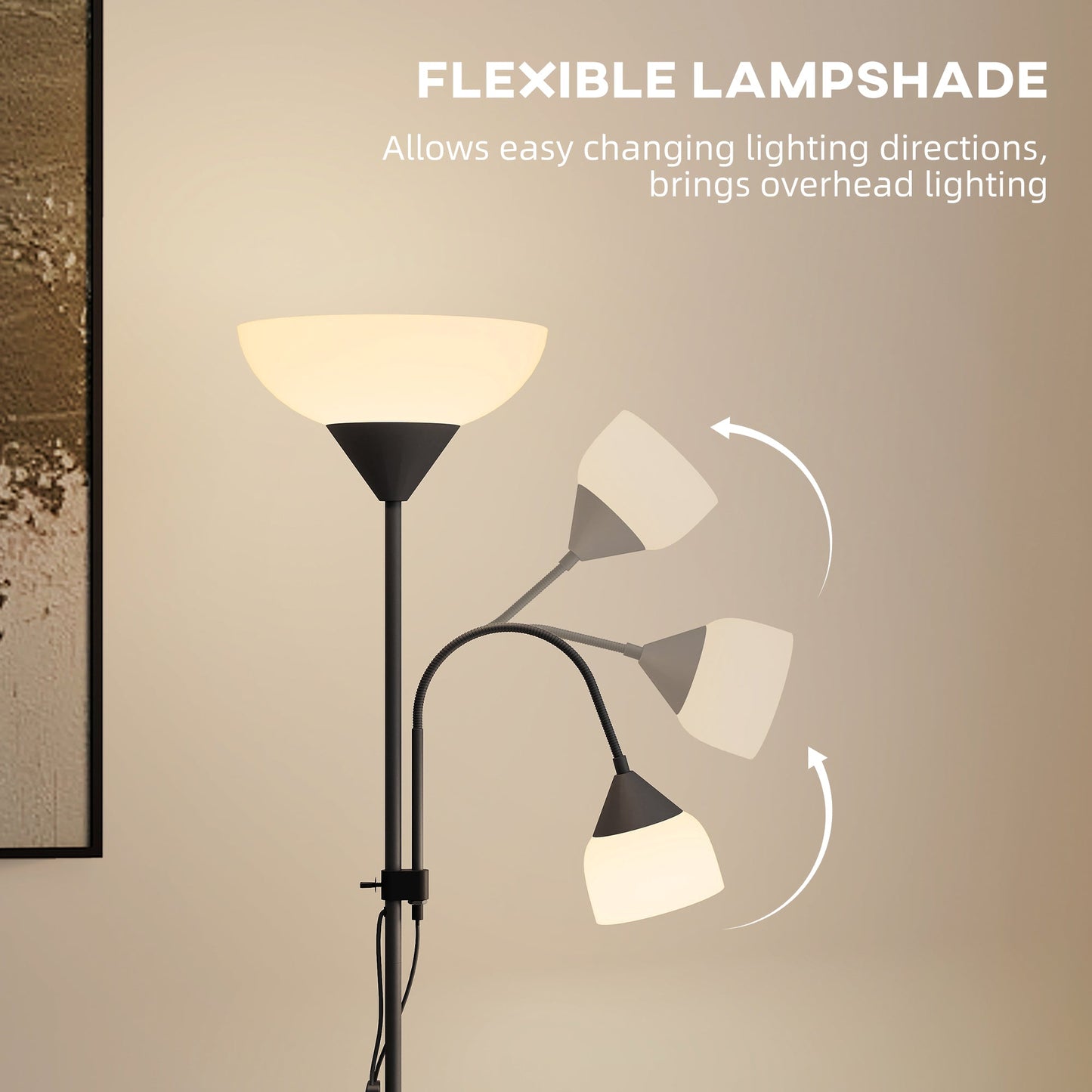 مصباح أرضي LED HOMCOM لغرفة المعيشة، مصباح قائم بطول 180 سم، مصباح إضاءة علوي للأم والطفل مع عنق إوزة قابل للتعديل، أسود