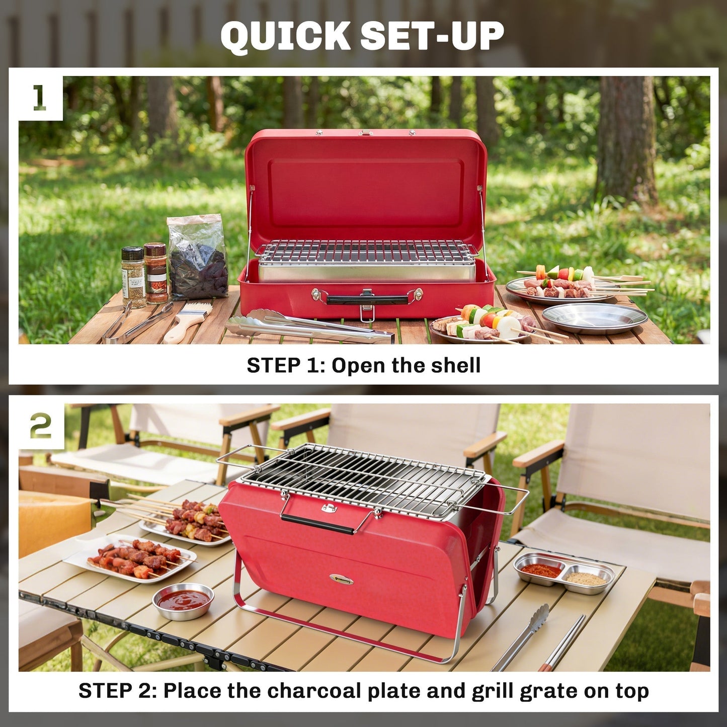 Outsunny Portable Mini Charcoal Barbecue Grill with Suitcase Shell, Outdoor Folding Tabletop BBQ Grill, Red