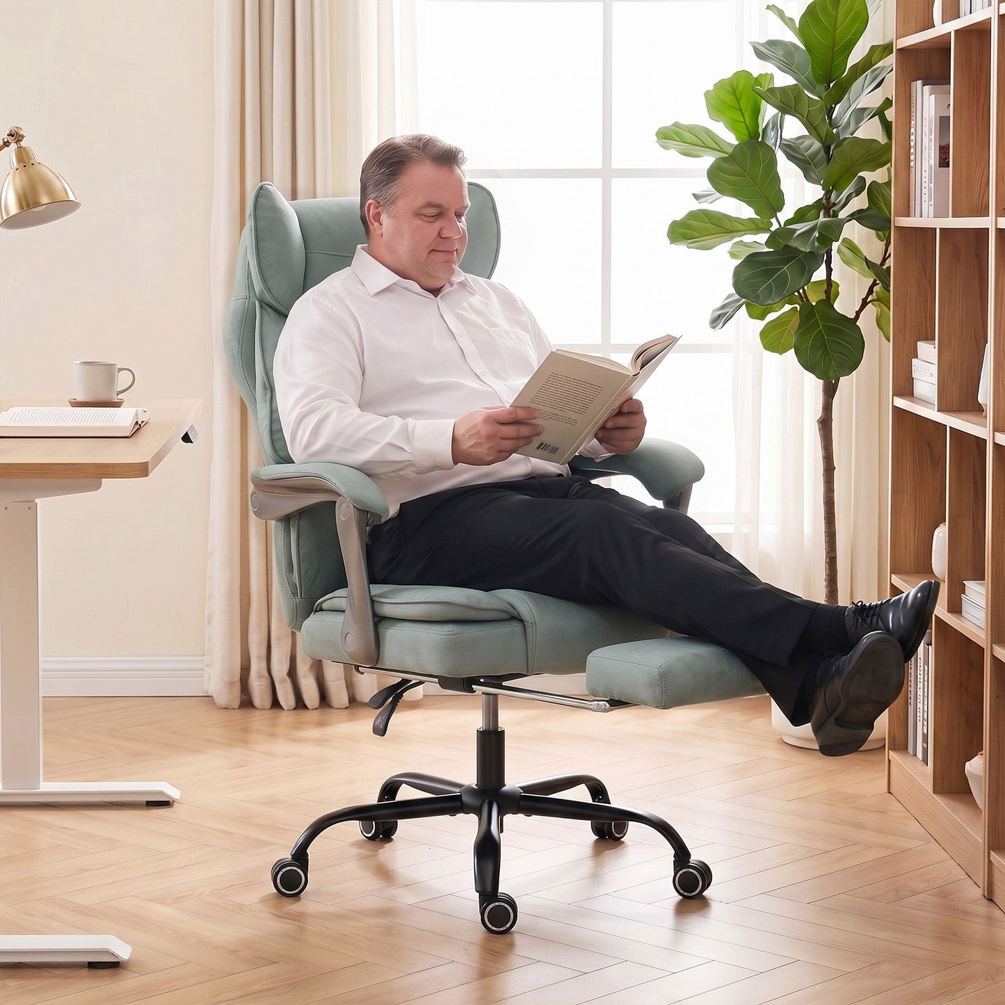 The blue office chair with its footrest extended, used for relaxation