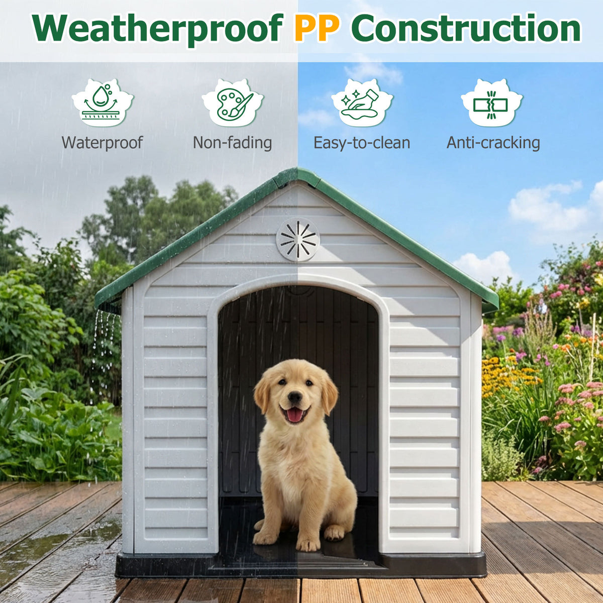 Large Plastic Dog House Waterproof Pet Shelter with Air Vents-Green