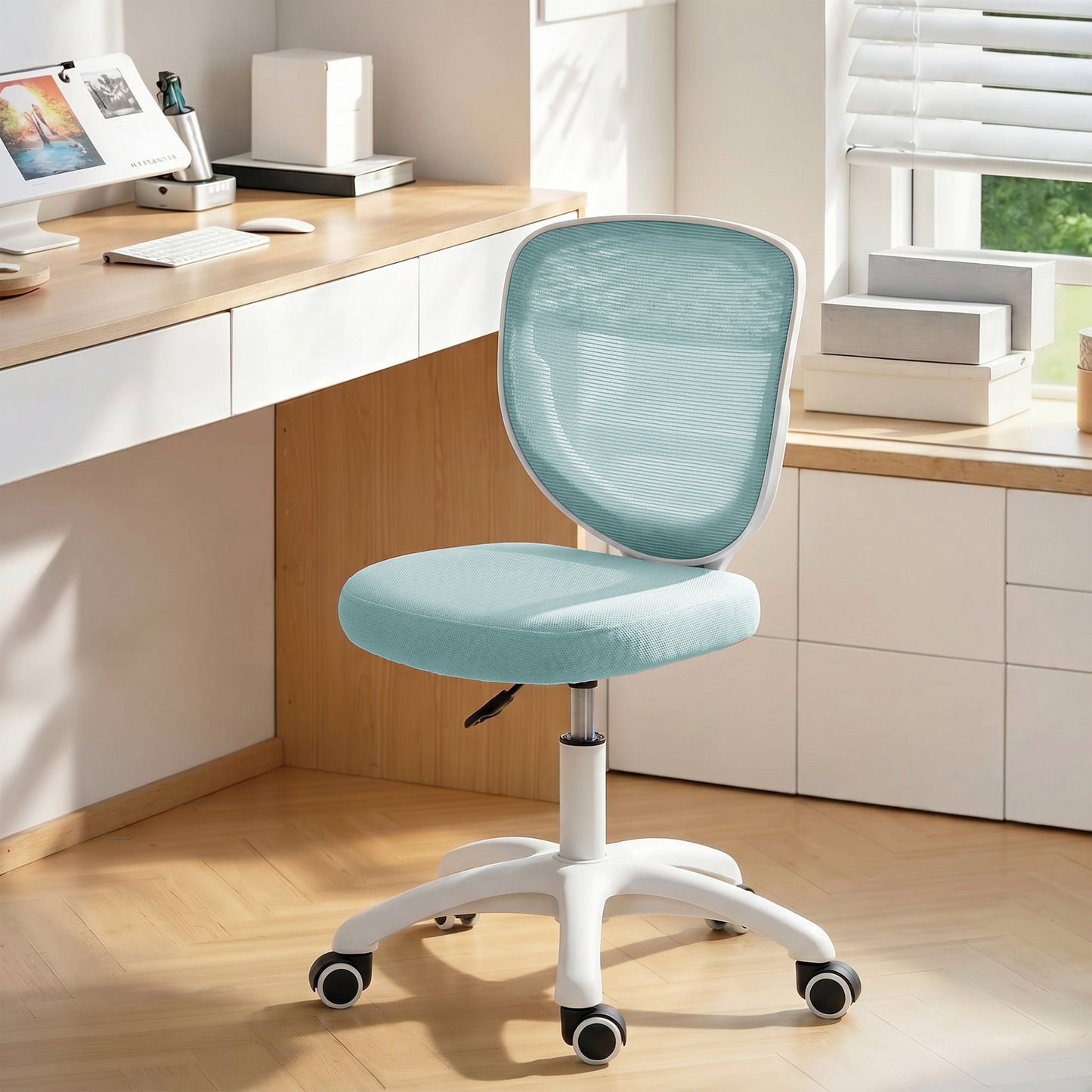 HOMCOM Office Chair, Armless Computer Desk Chair with Breathable Mesh, Adjustable Height, Swivel Wheels, Light Blue