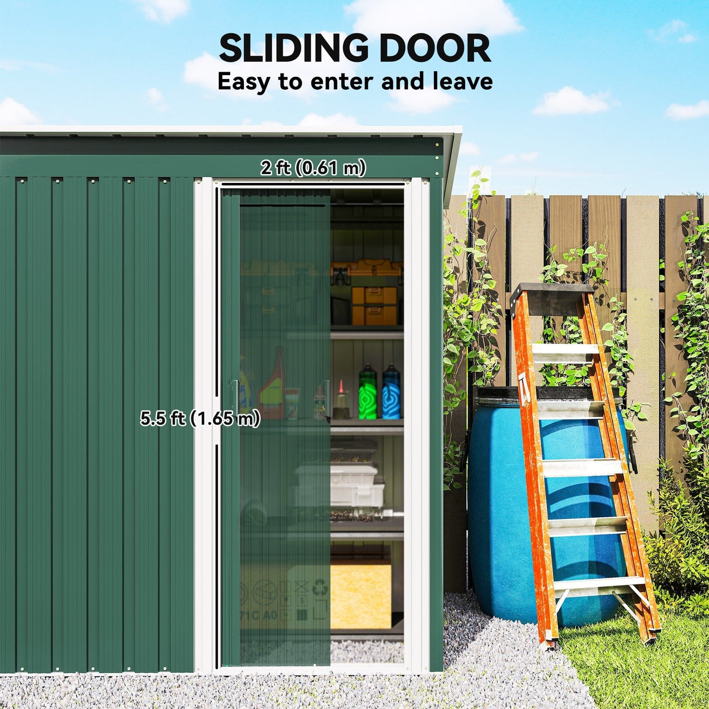 ساحة تخزين حديقة Outsunny مقاس 5 × 3 أقدام بباب منزلق وسقف مائل لأدوات ومعدات الحديقة الخارجية، أخضر