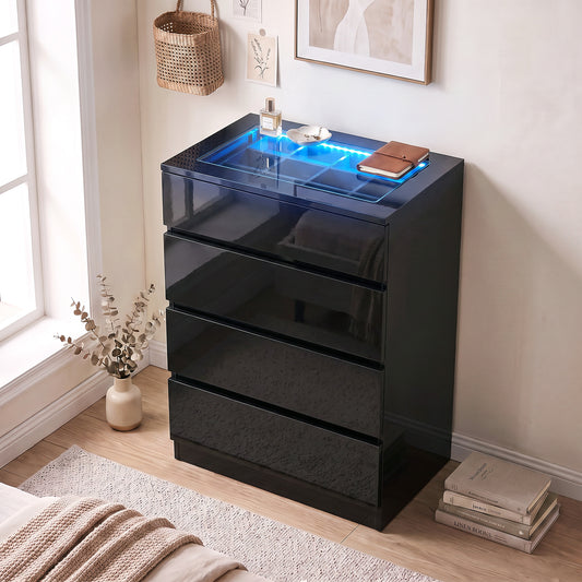 HOMCOM High Gloss 4 Drawer Chest of Drawers with Glass Top and RGB LED Lights, Dresser w/ Jewelry Organizer, APP Control, Black