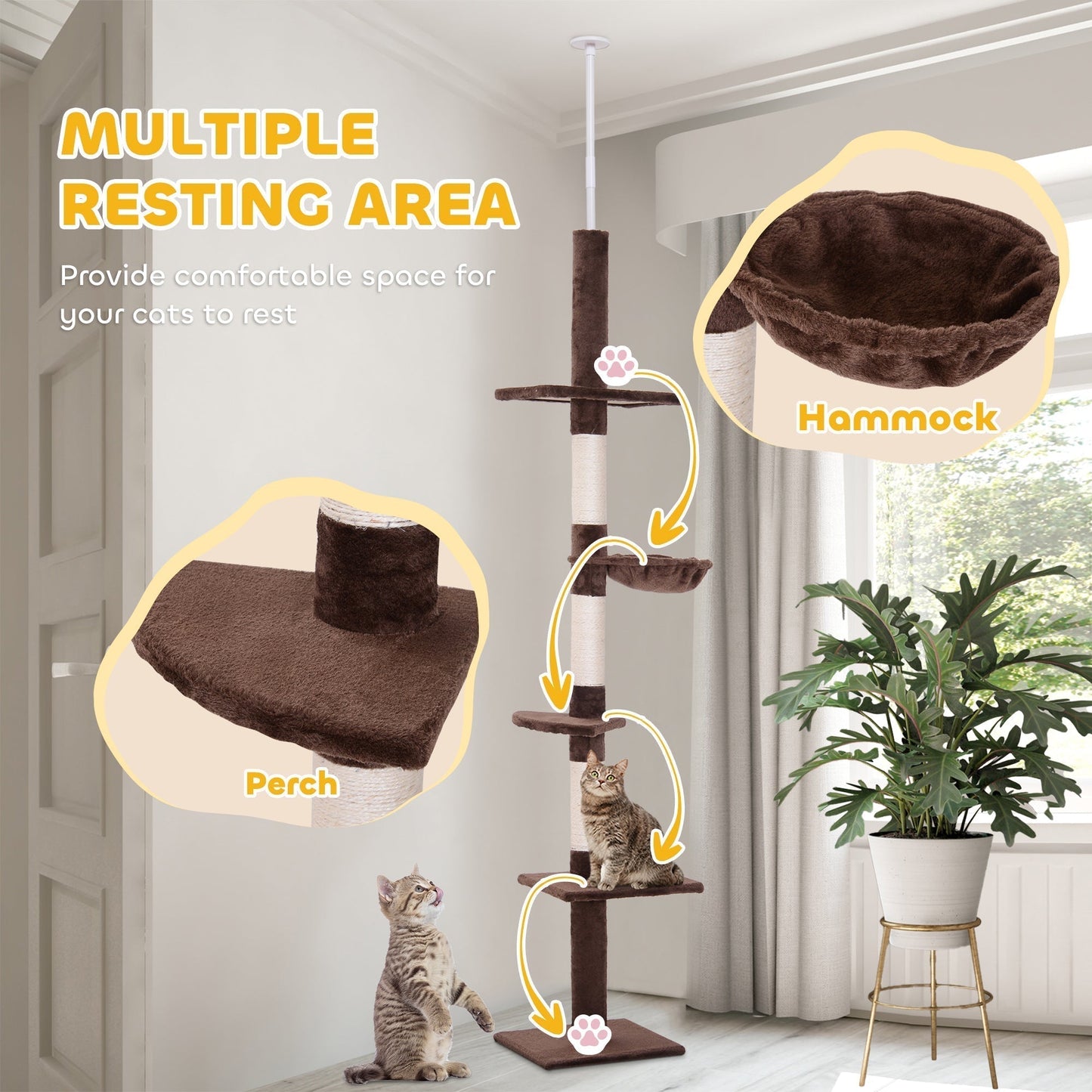 PawHut Floor to Ceiling Cat Tree 230-260cm Height Adjustable, 5-Tier Cat Tower with Scratching Posts, Hammock, Perches, Climbing Activity Centre for Indoor Kittens Playing and Relaxing, Brown