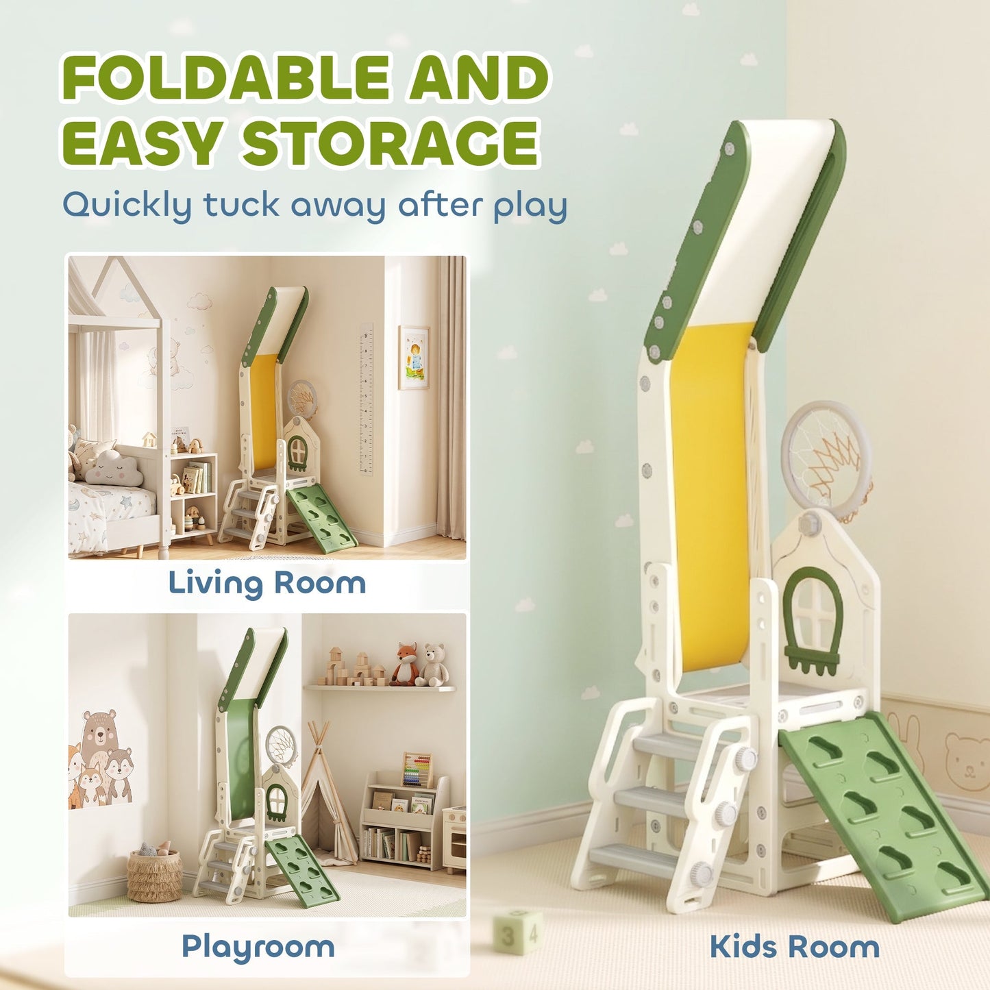 AIYAPLAY Foldable 4 in 1 Toddler Slide with Climber, Basketball Hoop, Storage Space and Basketball for Ages 1-3 Years, Cream