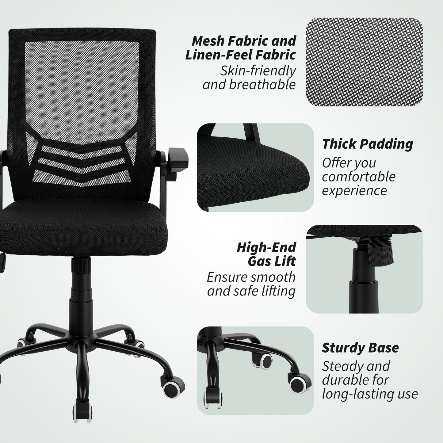 HOMCOM Modern Home Office Furniture Set, Computer Desk with Storage Shelf and Ergonomic Mesh Chair with Flip-Up Armrests, Lumbar Support, Adjustable Height, Rustic Brown and Black