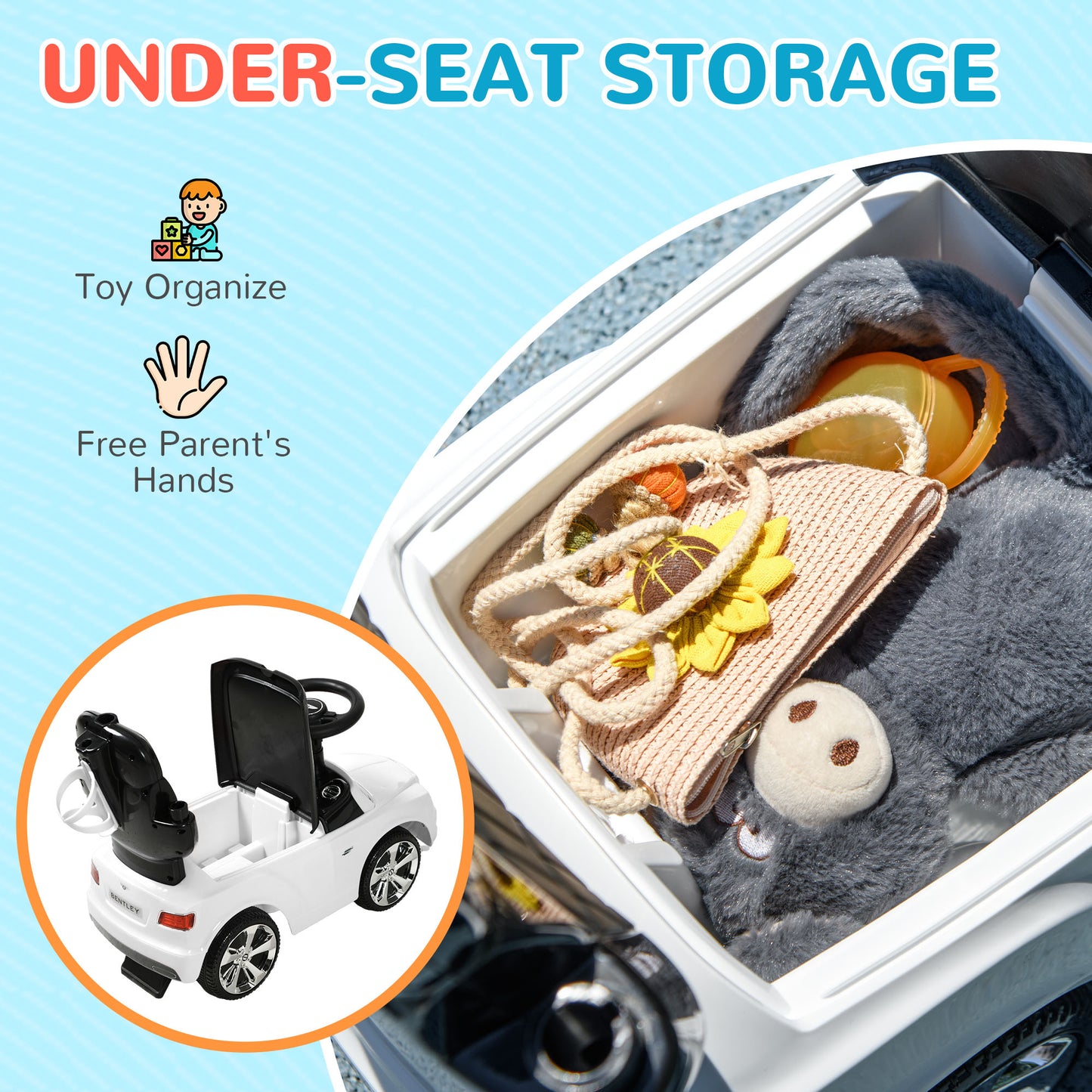 AIYAPLAY Bentley Bentayga Licensed 3-in-1 Baby Push Car, Ride on Car Sliding Car with Canopy, Horn Music - White