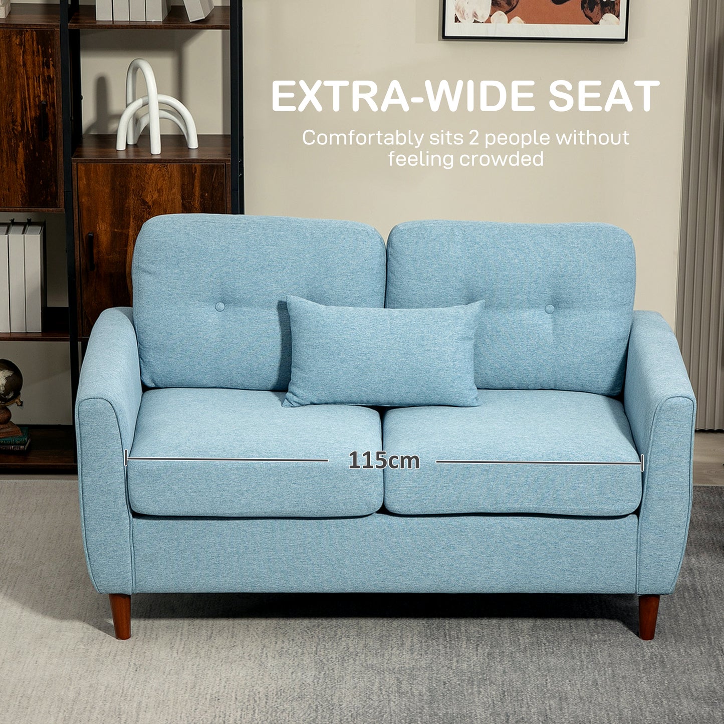 HOMCOM 2 Seater Sofa with Spring Cushion, Fabric Sofa with Wooden Legs, Modern Love Seat for Living Room, 140cm Width Tufted Couch for Bedroom, Light Blue