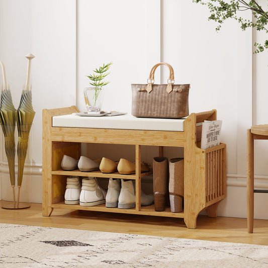 HOMCOM Shoe Bench 2-Tier Boot Section Entryway Storage Bench Cushioned Seat 100 x 30 x 50 cm Natural and Cream