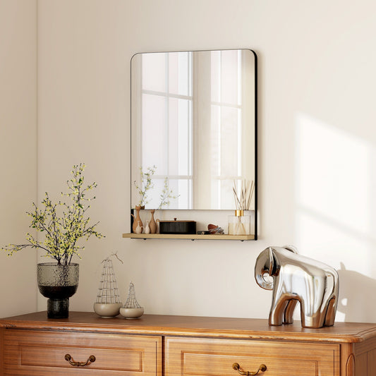 HOMCOM Wall Mirror with Wood Shelf - Black