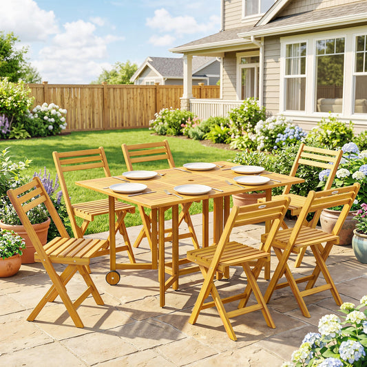 Outsunny 7 Pieces Garden Dining Set, Extending Dining Table and 6 Folding Chairs with Umbrella Hole for Patio, Natural Wood