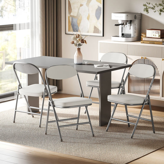 HOMCOM Set of Four Folding Corduroy Seat Chairs - Off-White