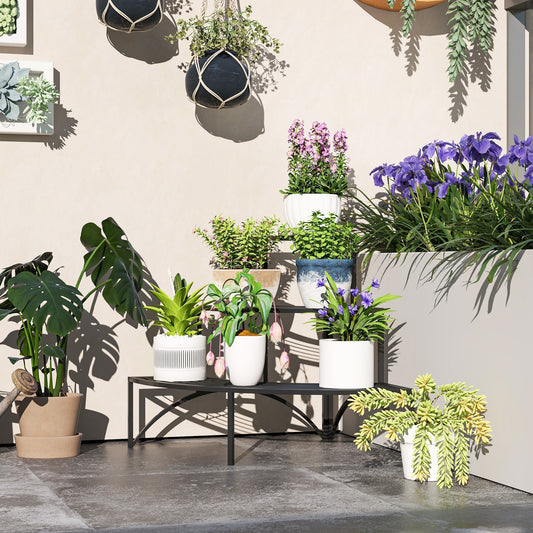 Outsunny Three-Tier Corner Metal Plants Shelves - Black