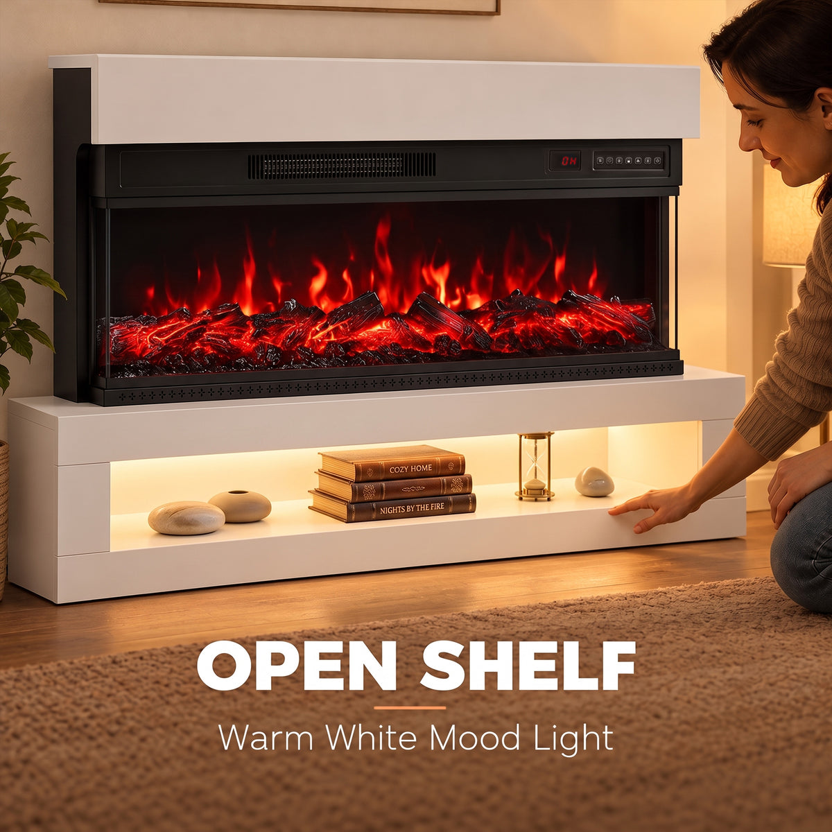 HOMCOM 3-Sided Electric Fireplace, Freestanding/Wall Mounted Electric Fire Heater with Adjustable Flame, Mood Light, ECO Mode