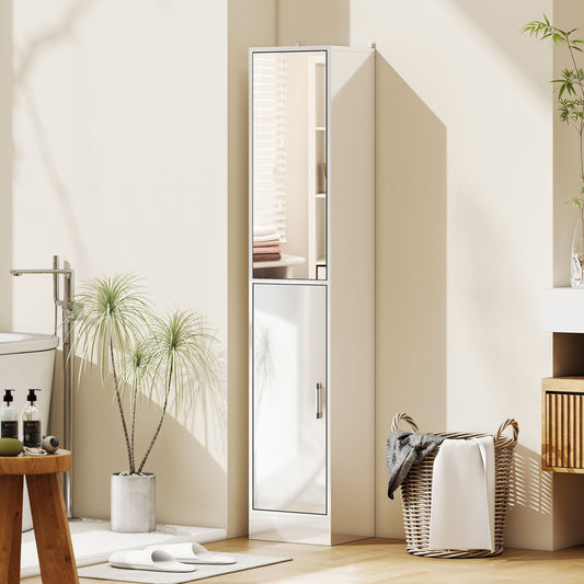 kleankin Tall Bathroom Cabinet with Mirror and Adjustable Shelf - High Gloss White