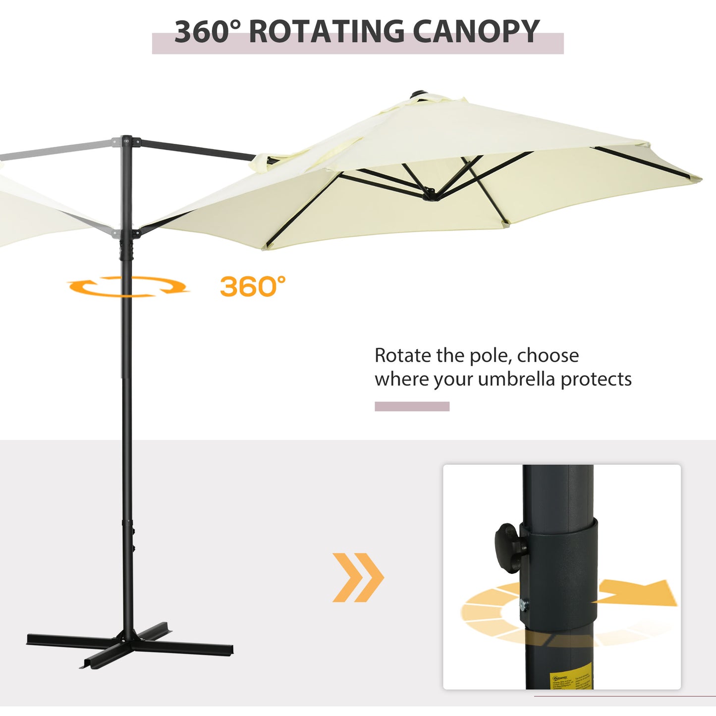 Outsunny 2.5M Garden Cantilever Parasol, Offset Roma Patio Umbrella Hanging Sun Shade Canopy Shelter with 360° Rotation and Cross Base, Beige