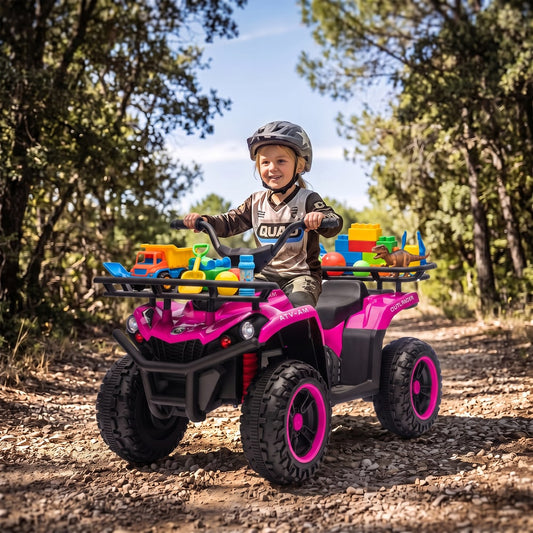 AIYAPLAY 12V Kids Electric Quad Bike, Ride on ATV with Dual Motors, Soft Start, Storage, Music, Lights for 3-8 Years, Pink
