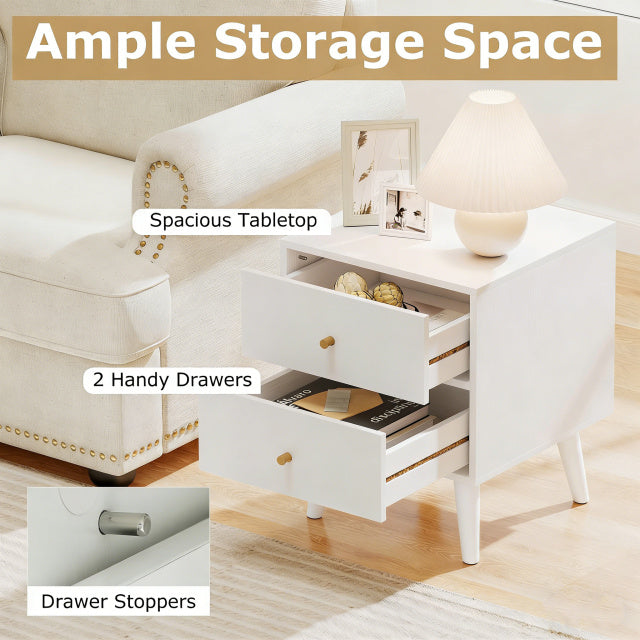 Mid Century Modern Bedside Table with Storage and Raised Support Legs Set of 2-White