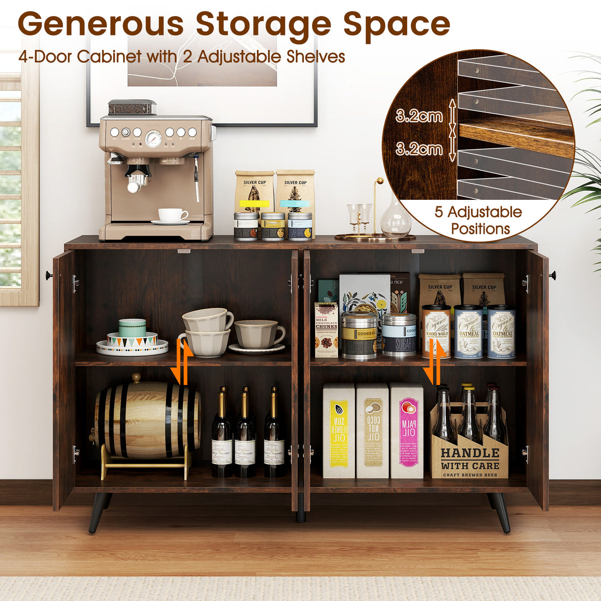 Mid Century Modern 4-Door Storage Cabinet with 5-Position Adjustable Shelves-Rustic Brown