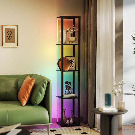 مصباح أرضي LED RGB من HOMCOM مع أرفف، مصباح قائم عصري قابل للتعتيم مع جهاز تحكم عن بعد، سطوع وسرعة قابلان للتعديل لغرفة المعيشة وغرفة النوم والمكتب، أسود