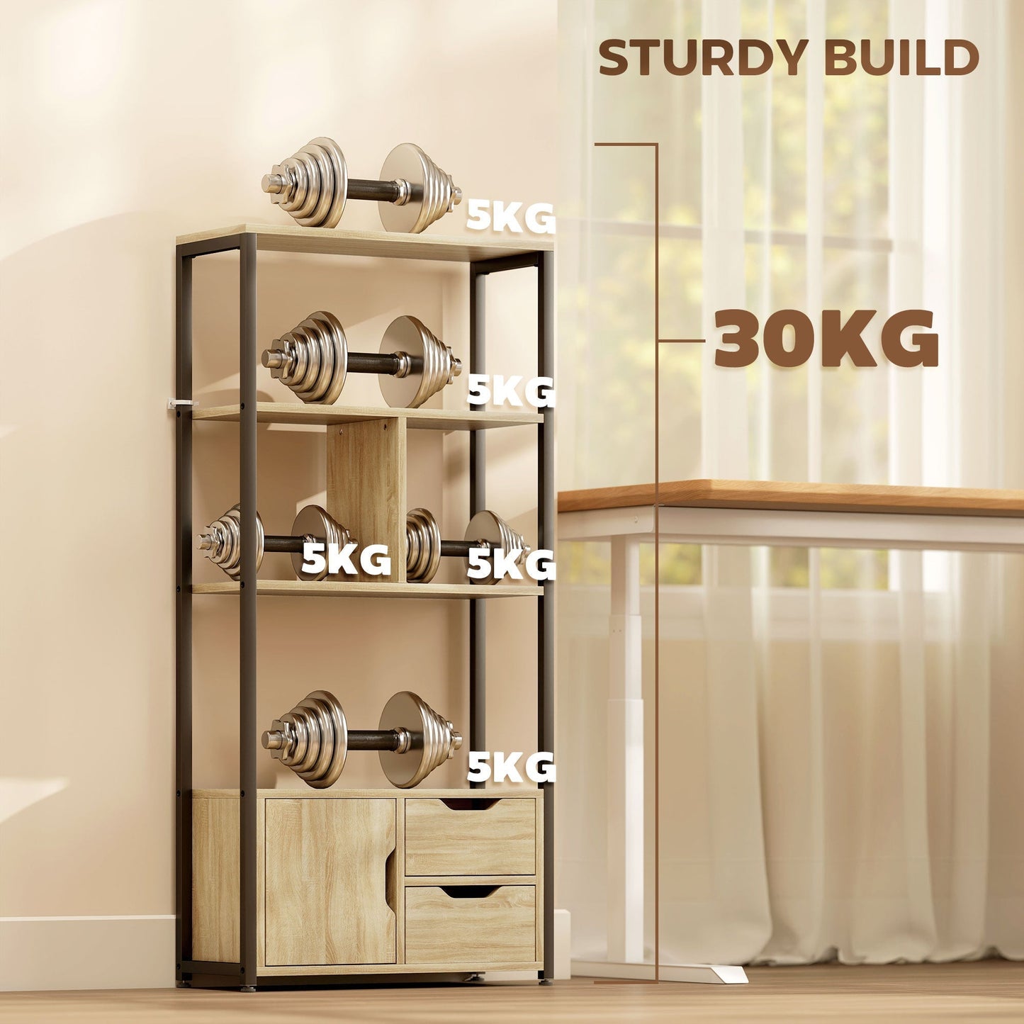 HOMCOM 4-Tier Bookcase, Bookshelf with 1 Cabinet and 2 Drawers for Living Room, Bedroom, Study, Natural Wood
